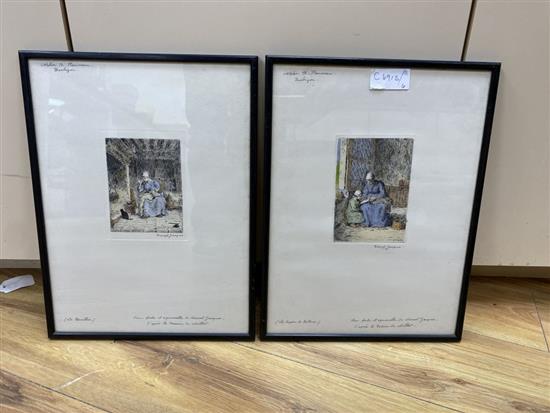 After J.F. Millet, pair of coloured etchings, La Lecon de Lecture and La Bouillie, overall 37 x 29cm